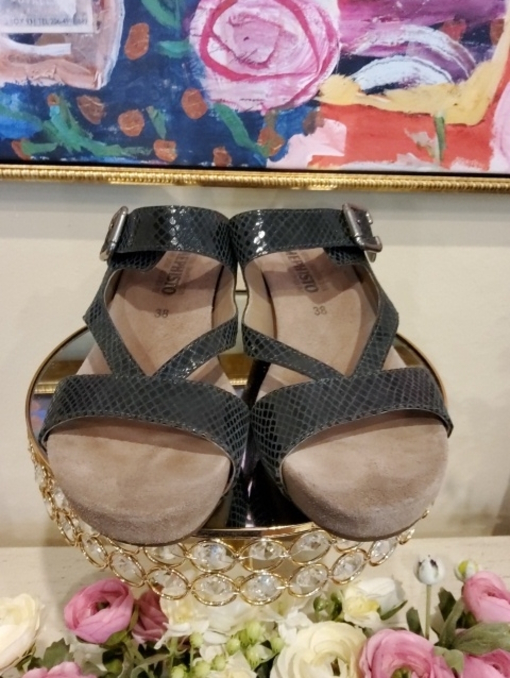 Mephisto Black Textured Crisscross Wedge Sandals with Buckle